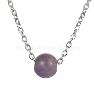 Natural Amethyst Round Bead Pendant Necklaces, Stainless Steel Cable Chain Necklace, for Women, 15-3/4 inch(40cm)(NJEW-JN04551-01)