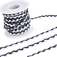 15.3~16M Polypropylene Fiber Wavy Fringe Trim Ribbon, Two Tone Wave Bending Lace Trim, for Clothes Sewing and Art Craft Decoration, with Spool, White, Black, 1/4 inch(8mm), about 15.3~16m/Roll(OCOR-GF0002-96B)