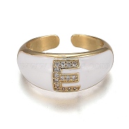 Brass Micro Pave Clear Cubic Zirconia Cuff Rings, Open Rings, with Enamel, Cadmium Free & Lead Free, Golden, Letter.E, US Size 7 1/4, Inner Diameter: 17.6mm(RJEW-H538-03G-E)