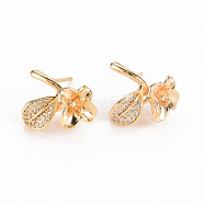 Brass Micro Pave Clear Cubic Zirconia Earring Findings, for Half Drilled Beads, Nickel Free, Flower, Real 18K Gold Plated, 16.5x14.5mm, Pin: 0.6mm, Pin: 0.6mm(for half drilled beads)(KK-S356-255-NF)