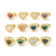 Natural Mixed Gemstone Heart Adjustable Ring with Plastic Pearl Beaded, Real 14K Gold Plated Brass Jewelry, Inner Diameter: 17~18mm(RJEW-E075-05G)