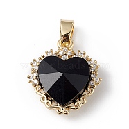 Real 18K Gold Plated Rack Plating Brass Micro Pave Clear Cubic Zirconia Pendants, with Glass, Long-Lasting Plated, Cadmium Free & Lead Free,  Heart Charm, Black, 20x17x8mm, Hole: 5x3mm(KK-C015-05G-10)