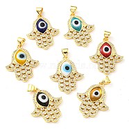 Brass Cubic Zirconia Pendants, with Lampwork, Real 18K Gold Plated, Hamsa Charm, Mixed Color, 24x20.5x4mm, Hole: 5x3.5mm(KK-K338-01G)
