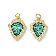 Brass Micro Pave Cubic Zirconia Pendants, with Synthetic Opal and Jump Ring, Shield Shape, Real 18K Gold Plated, 20.5x15x3mm, Hole: 3.5mm(KK-A197-04G)