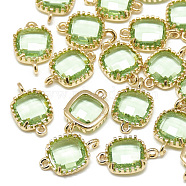 Glass Links connectors, with Golden Tone Brass Findings, Faceted, Square, Light Green, 15x9x3mm, Hole: 0.5mm(GLAA-Q068-10A-09)
