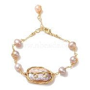 Natural Pearl Link Bracelets, Brass Wire Wrapped Bracelet, Real 14K Gold Plated, 6-1/2 inch(16.4cm)(BJEW-C051-07G)