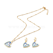 304 Stainless Steel Enamel Stud Earrings & Pendant Necklaces Jewelry Sets, with Brass Curb Chains, Heart, Golden, Blue, 17.5 inch(44.5cm), 37mm(SJEW-JS01196-01)