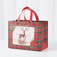 Christmas Theme Tartan Non-woven Fabric Gift Tote Bags with Handle, Rectangle, Red, Deer, Unfold: 33x32x0.2cm, fold: 32x17.5x24cm(ABAG-G017-01C)