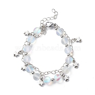 Synthetic Moonstone Round Beaded Multi-strand Bracelet, Brass Star Charms Double Layer Bracelet for Women, 7-1/8 inch(18cm)(BJEW-JB08857)