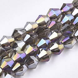 Electroplate Glass Beads Strands, AB Color Plated, Faceted, Bicone, Olive, 6x5.5~6mm, Hole: 1mm, about 47~48pcs/strand, 10.83 inch(27.5cm)(X-EGLA-Q118-6mm-B13)