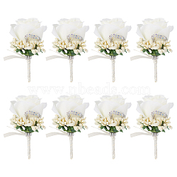 8Pcs Cloth Rose Flower Boutonniere Brooch with Rhinestone, Iron Lapel Pin for Wedding Party, Linen, 110x57x43mm, Pin: 0.7mm.(AJEW-CP0001-79A)