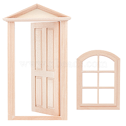PandaHall Elite 2 Pcs 2 Style Natural Wood Home Decorations, Miniature Furniture Model, for Dollhouse Accessories Pretending Prop Decorations, Door & Window, BurlyWood, 104x75x8mm(DJEW-PH0001-10)