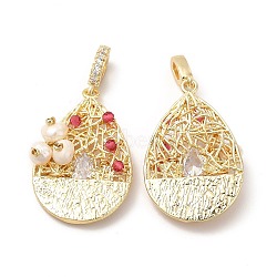 Brass Micro Pave Cubic Zirconia Pendants, with Pearl, Teardrop Charm, Real 14K Gold Plated, 27x12.5x6.5mm, Hole: 4x3mm(KK-I697-37G)