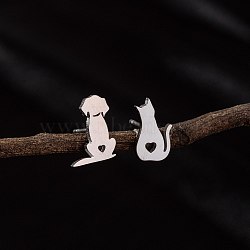 Stainless Steel Small Animal Stud Earrings for Women, Cat Shape, Left and Right, Stainless Steel Color, 60x40mm(PW-WG5B49B-10)