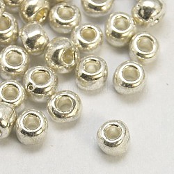 (Repacking Service Available) 8/0 Glass Seed Beads, Metallic Colours Style, Round, Silver, 8/0, 3mm, Hole: 1mm, about 400pcs/pound(SEED-C028-3mm-1109)