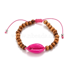 Kids Bracelets, Adjustable Waxed Polyester Cord Braided Bead Bracelets, with Natural Wood Beads, Spray Paint Cowrie Shell Beads and Brass Beads, Fuchsia, Inner Diameter: 1-7/8~3-1/2 inch(4.8~9cm)(BJEW-JB05747-01)