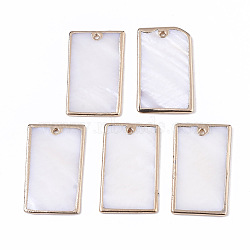 Natural Freshwater Shell Pendants, Brass Edge Golden Plated, Rectangle, Seashell Color, 29x17x1~2mm, Hole: 1.2mm(X-SHEL-S276-77)