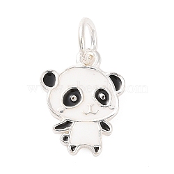 Panda Shape 925 Sterling Silver Charms, with Enamel and Jump Rings & S925 Stamp, Black, 12.5x9.5x1.2mm, Hole: 3.6mm(STER-F056-03S-03)