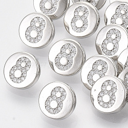 Brass Shank Buttons, with Micro Pave Cubic Zirconia, Flat Round with Number, Clear, Num.8, 10.5x5.5mm, Hole: 1.4mm(BUTT-S025-026)