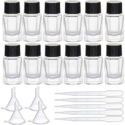 Cuboid Glass Fountain Pen Ink Bottle, with ABS Plastic Bottle Cap, Plastic Funnel Hopper & Dropper, Clear, Bottle: 2.9x2.9x6.6cm, Capacity: 20ml, 10pcs/set(AJEW-BC0001-36)