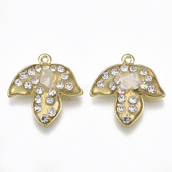Alloy Pendants, with Gemstone and Rhinestone, Epoxy Resin, Leaf, Light Gold, Crystal, 20.5x20x4mm, Hole: 1.2mm(RB-S057-21G)