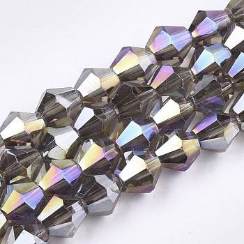Electroplate Glass Beads Strands, AB Color Plated, Faceted, Bicone, Olive, 6x5.5~6mm, Hole: 1mm, about 47~48pcs/strand, 10.83 inch(27.5cm)