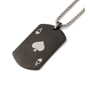 201 Stainless Steel Pendant Necklaces, with Iron Chains, Playing Card, Black, 23.62~24.02 inch(60~61cm)