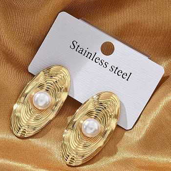 304 Stainless Steel Stud Earrings, with Plastic Imitation Pearl, Oval, Real 18K Gold Plated, 35.5x17.5mm