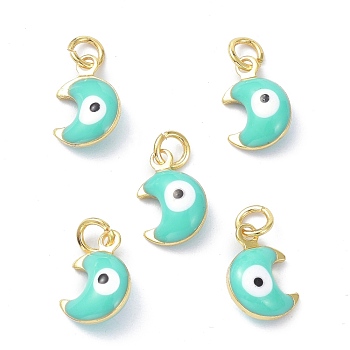 Brass Enamel Charms, Real 18K Gold Plated, with Jump Rings, Moon with Evil Eye, Cadmium Free & Lead Free, Turquoise, 11x7x3.5mm, Hole: 2.6mm