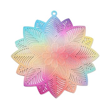 Iron Pendants, Etched Metal Embellishments, Rainbow Color, Flower, 46x44x0.8mm, Hole: 1mm