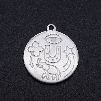 201 Stainless Steel Pendants, Flat Round with Children Painting, Stainless Steel Color, 22.5x20x1mm, Hole: 1.6mm