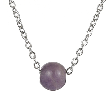 Natural Amethyst Round Bead Pendant Necklaces, Stainless Steel Cable Chain Necklace, for Women, 15-3/4 inch(40cm)