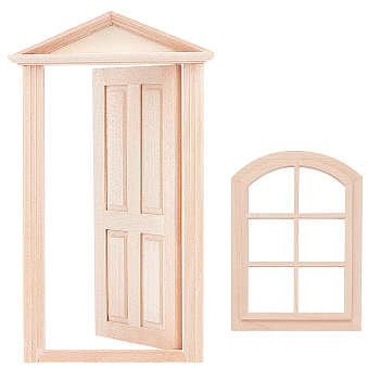 PandaHall Elite 2 Pcs 2 Style Natural Wood Home Decorations, Miniature Furniture Model, for Dollhouse Accessories Pretending Prop Decorations, Door & Window, BurlyWood, 104x75x8mm