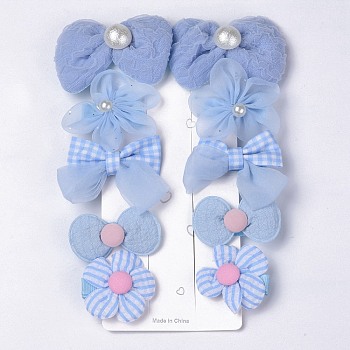 5 Pair 5 Style Bowknot & Flower Polyester Alligator Hair Clips, Iron Hair Accessories, Cornflower Blue, 65x43x20mm, 1 Pair/style