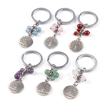(Defective Closeout Sale) Alloy Keychain, with Gemstone Beads, Flat Round with Tree of Life, 89mm