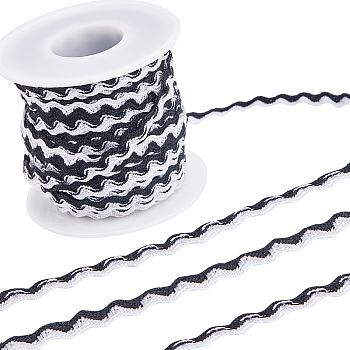 15.3~16M Polypropylene Fiber Wavy Fringe Trim Ribbon, Two Tone Wave Bending Lace Trim, for Clothes Sewing and Art Craft Decoration, with Spool, White, Black, 1/4 inch(8mm), about 15.3~16m/Roll