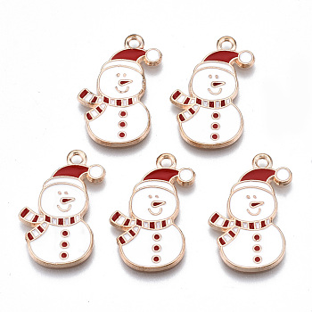 Alloy Enamel Pendants, Cadmium Free & Lead Free, Christmas Snowman, Light Gold, White, 24x15x1.5mm, Hole: 1.8mm