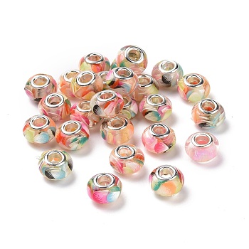 Transparent Resin European Rondelle Beads, Large Hole Beads, with Teardrop Polymer Clay and Platinum Tone Alloy Double Cores, Colorful, 14x8.5mm, Hole: 5mm