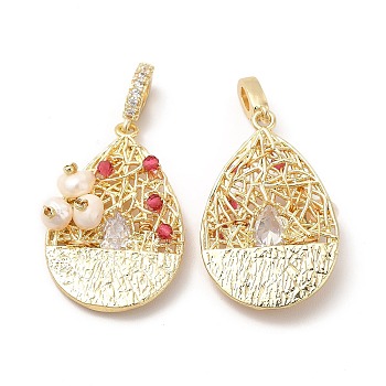 Brass Micro Pave Cubic Zirconia Pendants, with Pearl, Teardrop Charm, Real 14K Gold Plated, 27x12.5x6.5mm, Hole: 4x3mm