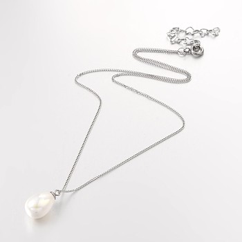 304 Stainless Steel Shell Pearl Beaded Pendant Necklaces, with Stainless Steel Spring Ring Clasps, Stainless Steel Color, 15.7 inch(40cm)