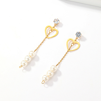 Golden 304 Stainless Steel Dangle Stud Earrings, Tassel Earrings with Imitation Pearl, Heart, 68x13mm