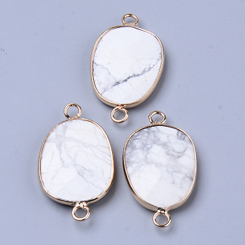 Natural Howlite Links Connectors, with Light Gold Plated Edge Brass Loops, Oval, Faceted, 30.5~31.5x17.5x5~6mm, Hole: 2mm