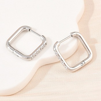 304 Stainless Steel Clear Cubic Zirconia Square Hoop Earrings, with 316 Surgical Stainless Steel Ear Pins, Stainless Steel Color, 17x16.5x2.5mm