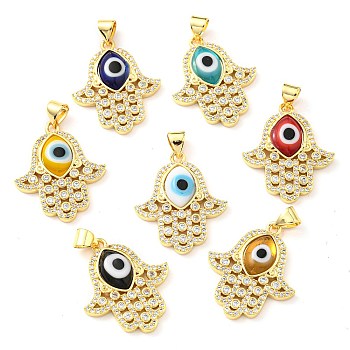 Brass Cubic Zirconia Pendants, with Lampwork, Real 18K Gold Plated, Hamsa Charm, Mixed Color, 24x20.5x4mm, Hole: 5x3.5mm