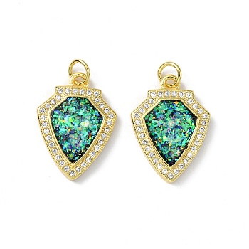 Brass Micro Pave Cubic Zirconia Pendants, with Synthetic Opal and Jump Ring, Shield Shape, Real 18K Gold Plated, 20.5x15x3mm, Hole: 3.5mm