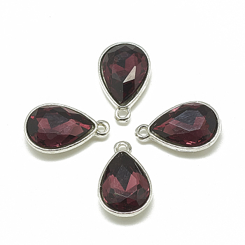 Alloy Glass Charms, Faceted, teardrop, Platinum, Dark Red, 14.5x9x5mm, Hole: 1.5mm