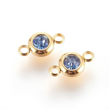 304 Stainless Steel Rhinestone Links connectors, Flat Round, Golden, Light Sapphire, 12x6.5x4mm, Hole: 2mm