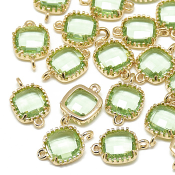 Glass Links connectors, with Golden Tone Brass Findings, Faceted, Square, Light Green, 15x9x3mm, Hole: 0.5mm