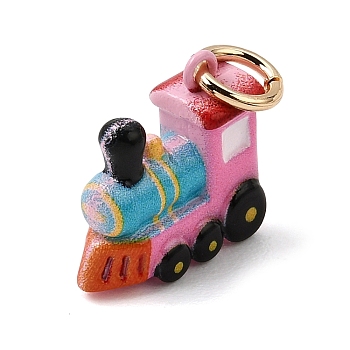Printed Brass Charms, Cartoon Train Charms, Golden, Colorful, 13x14x6mm, Hole: 4mm