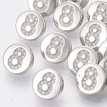 Brass Shank Buttons, with Micro Pave Cubic Zirconia, Flat Round with Number, Clear, Num.8, 10.5x5.5mm, Hole: 1.4mm